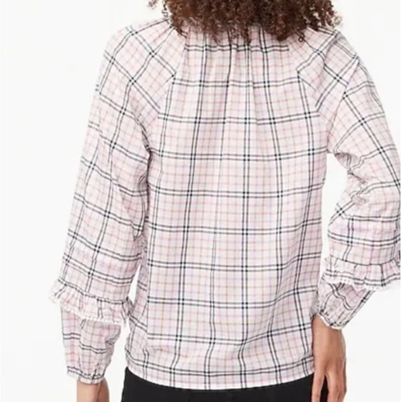 𝅺J. Crew Pastel Gingham Plaid ruffle-trim peasant long balloon sleeves poplin - Picture 3 of 4